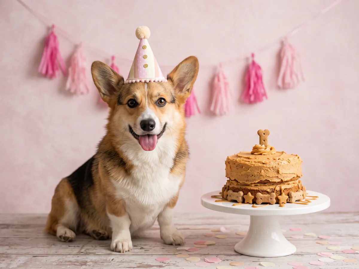 Corgi with party hat beside peanut butter dog birthday cake