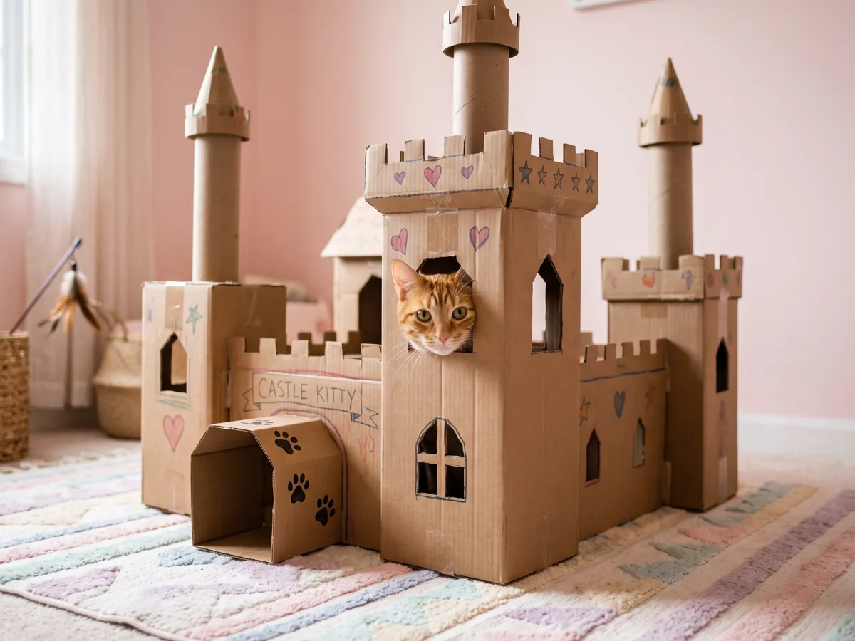 DIY cardboard cat castle with towers and tunnels on pastel rug