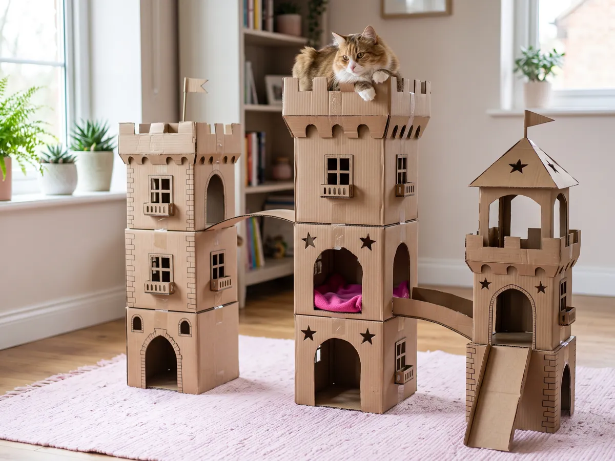 Triple cardboard tower palace with bridge plank and lookout windows
