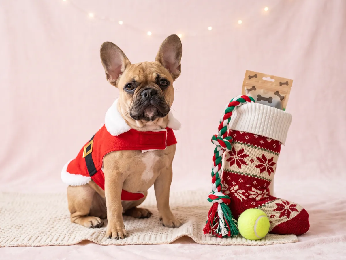French bulldog Santa vest beside stocking with treats and toys
