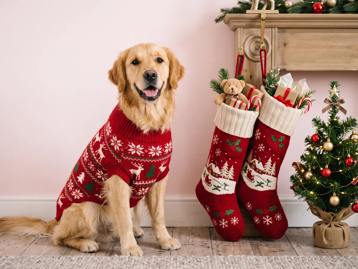 Golden retriever wearing red Christmas sweater beside stockings