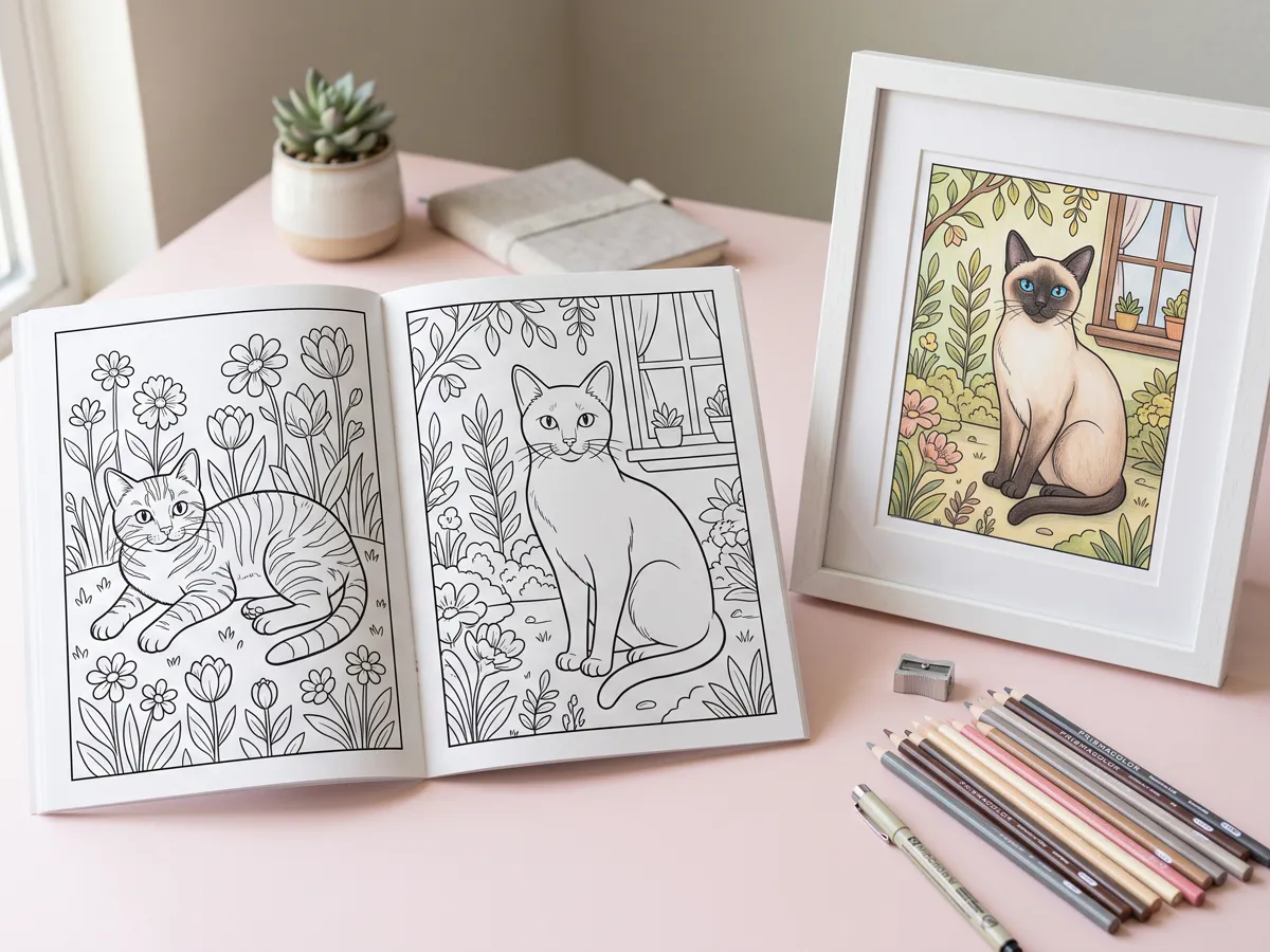 Tabby black cat and siamese coloring pages with framed finished art