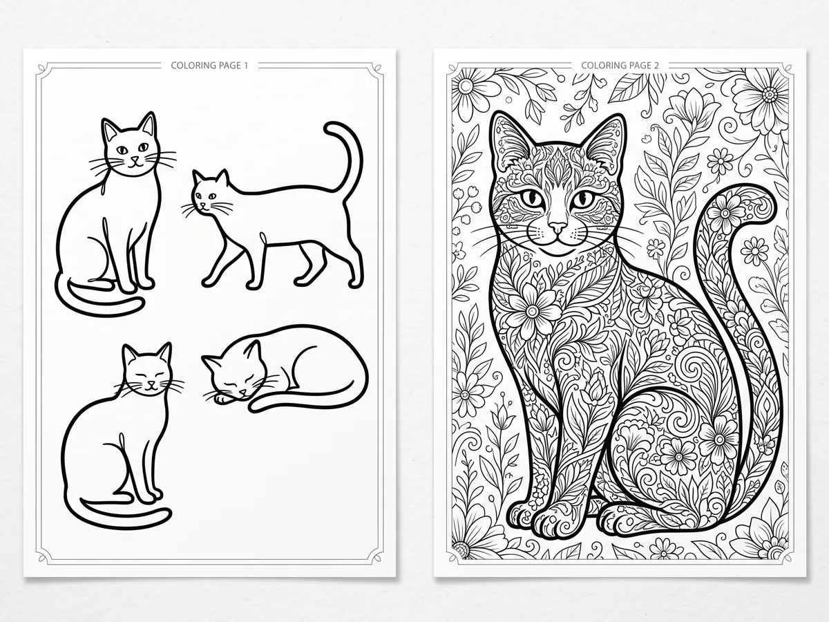 Easy cat outlines beside detailed floral cat coloring pages