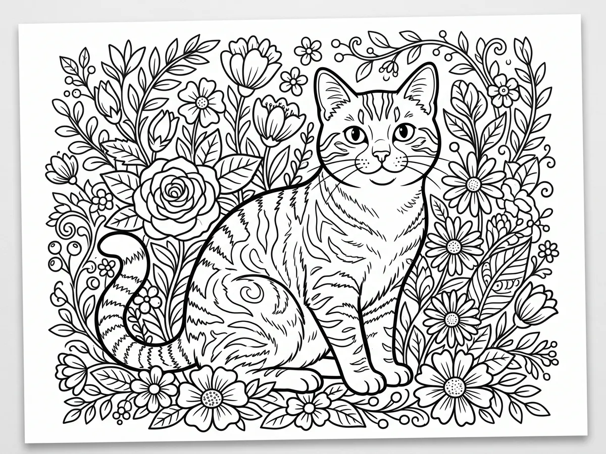 Orange tabby cat coloring page with floral details