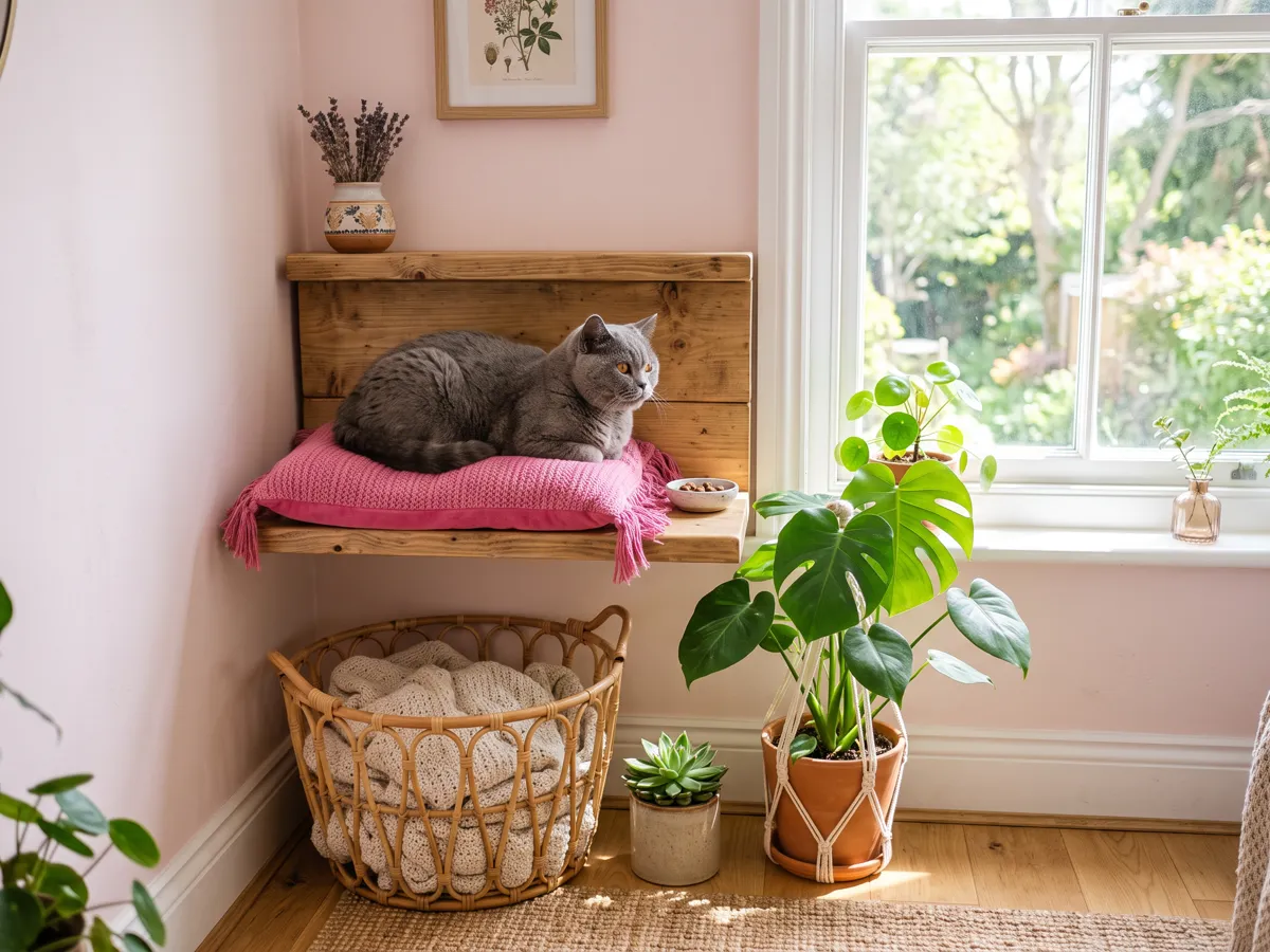 Boho small apartment cat corner with british shorthair on wall shelf by window