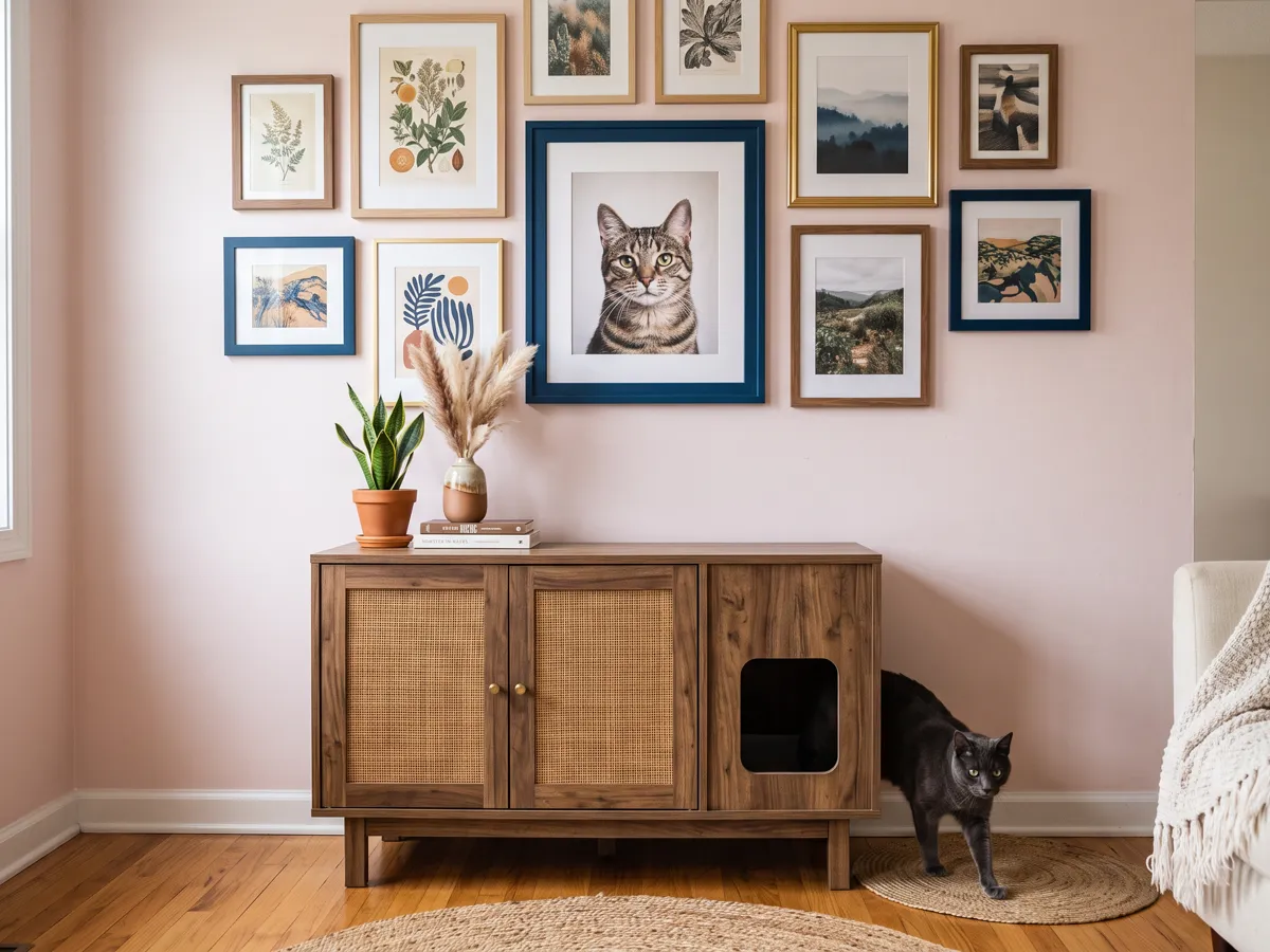 Hidden cabinet litter box under boho gallery wall with cat portrait