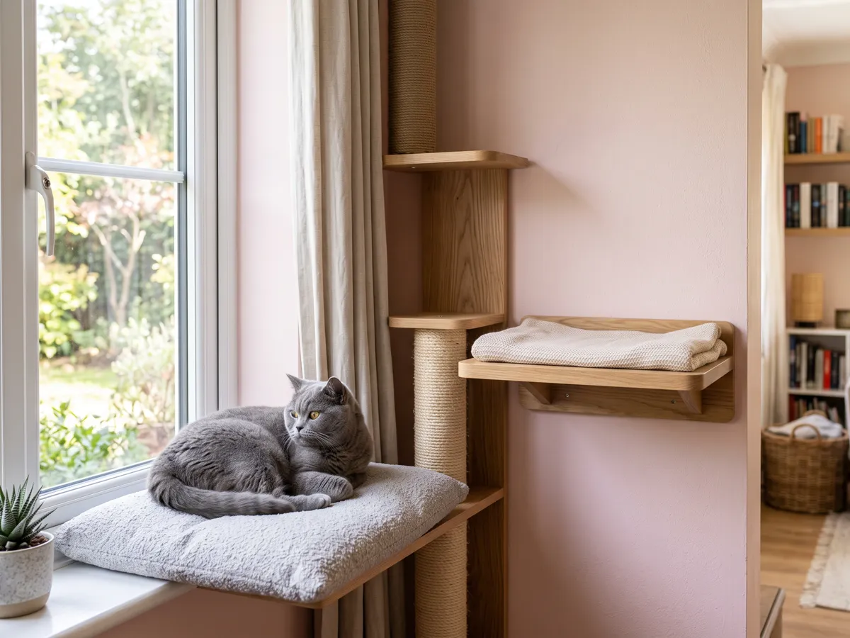 Window perch sill bed and slim tower forming a triple-height cat corner