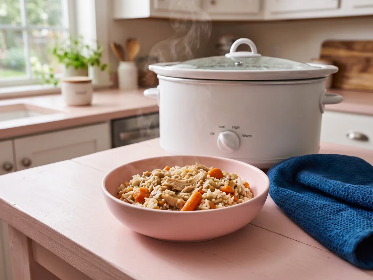Crockpot chicken dog food with rice and carrots in bowl