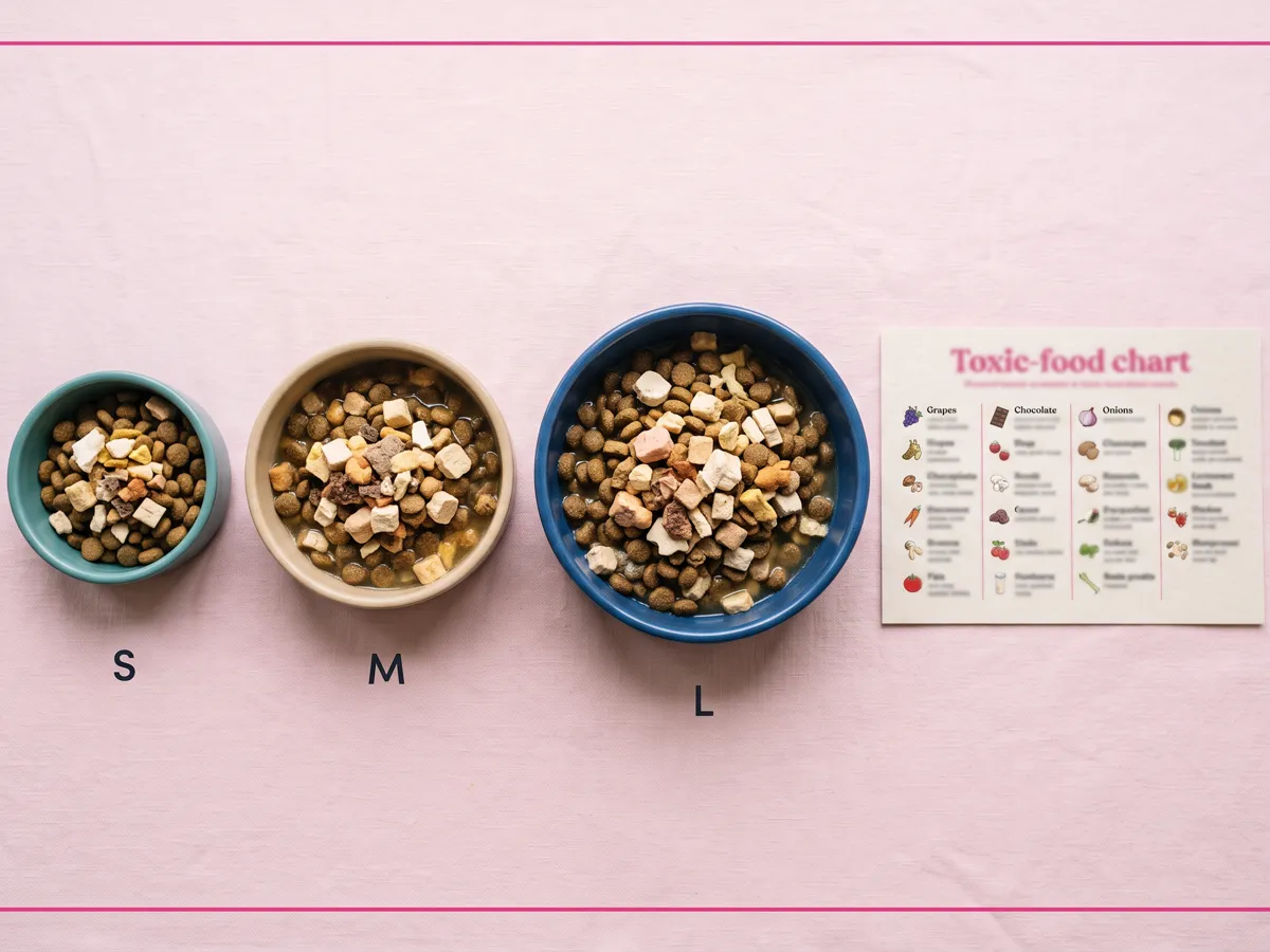 Topper portion bowls by breed size beside toxic food chart