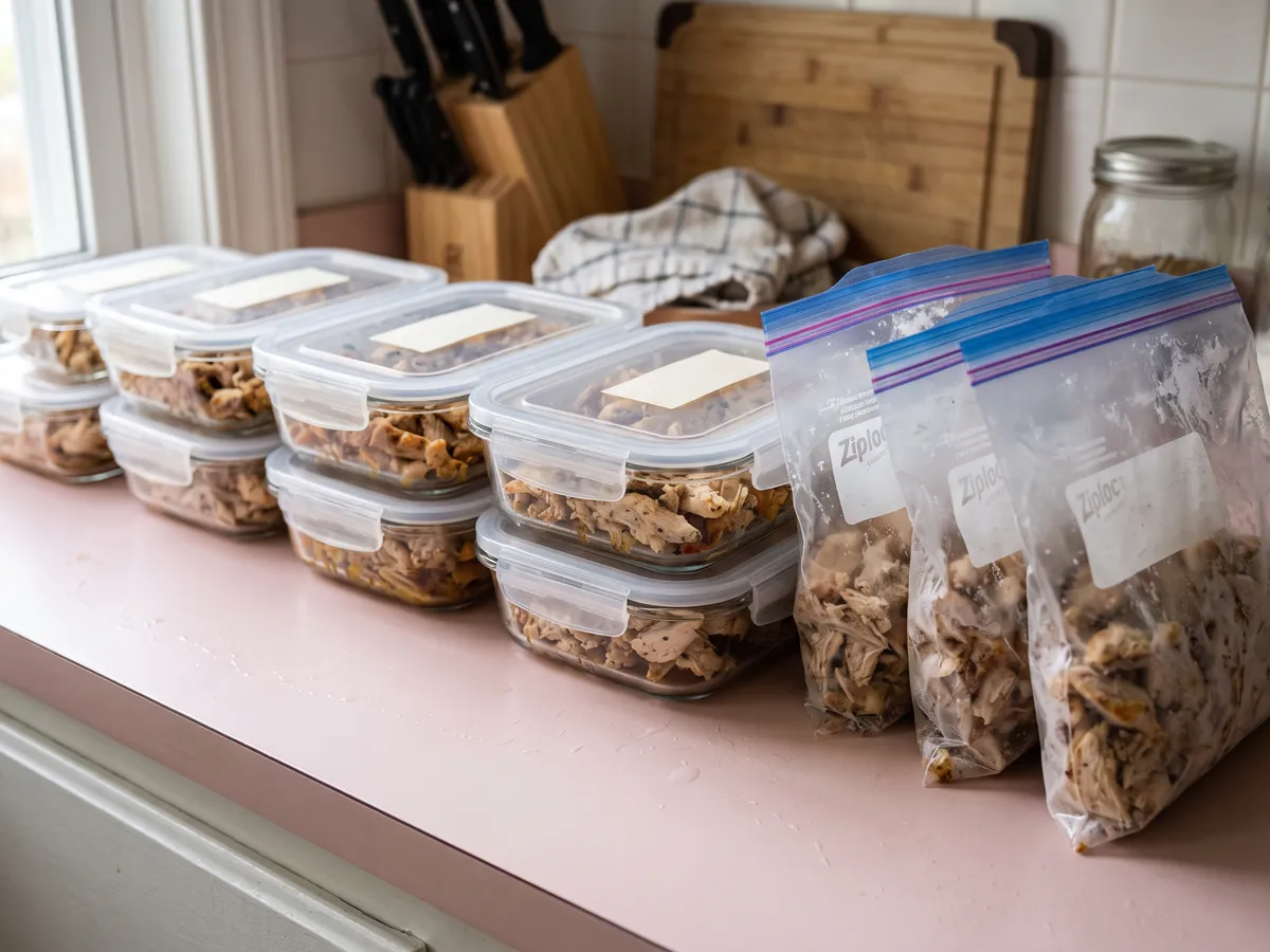 Fridge tubs and dated freezer bags of chicken topper for weekly plan