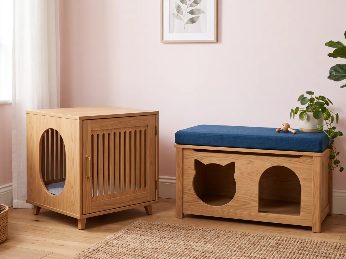 Ventilated side-entry cabinet beside storage bench litter hide
