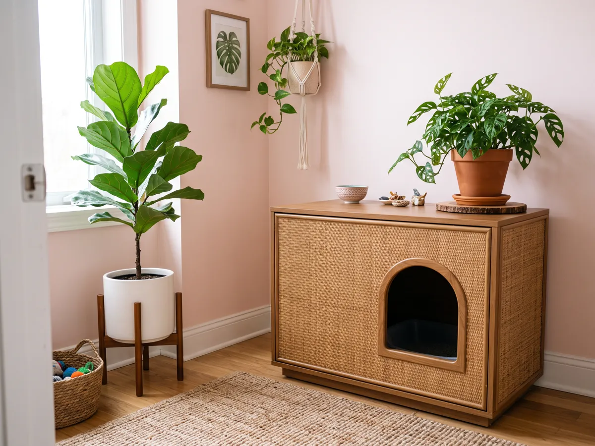 Hidden litter box cabinet with side entry in small apartment