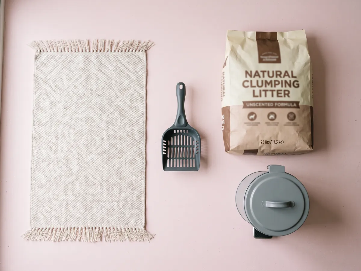 Scooping routine with washable rug and unscented litter supply