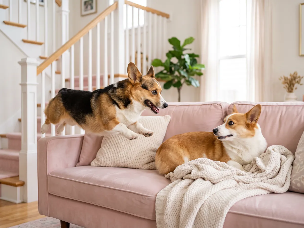 Corgi stair hops sofa jumps and cuddle pile fails