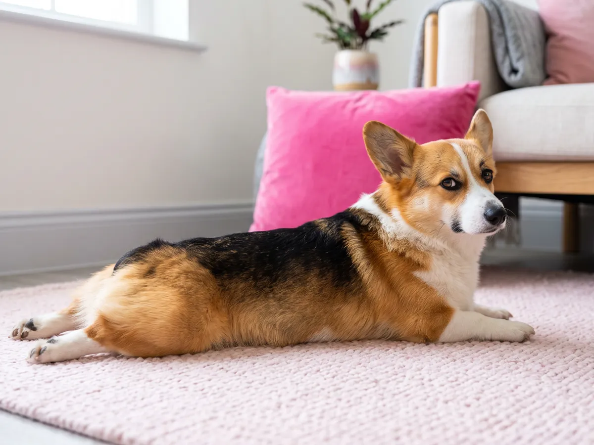 Corgi splooting on pastel rug with funny unimpressed face