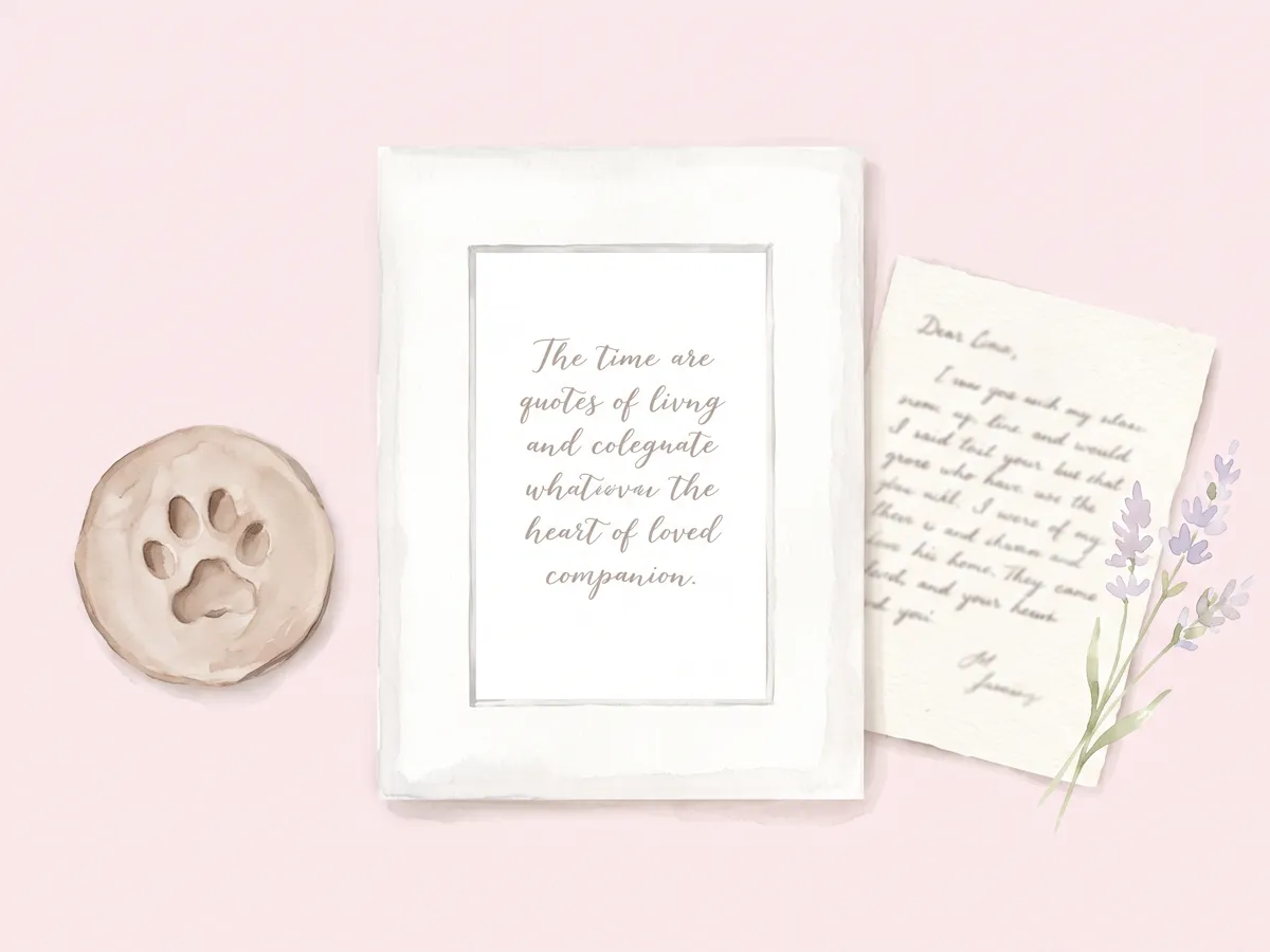 Memorial quote frame beside paw print clay and handwritten letter