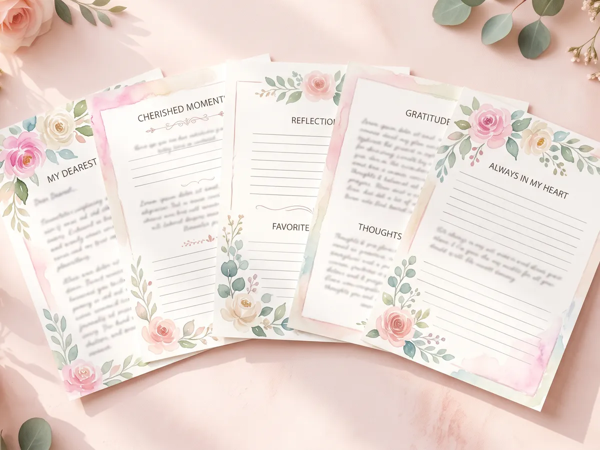 Five printable memorial journal pages with soft pastel borders