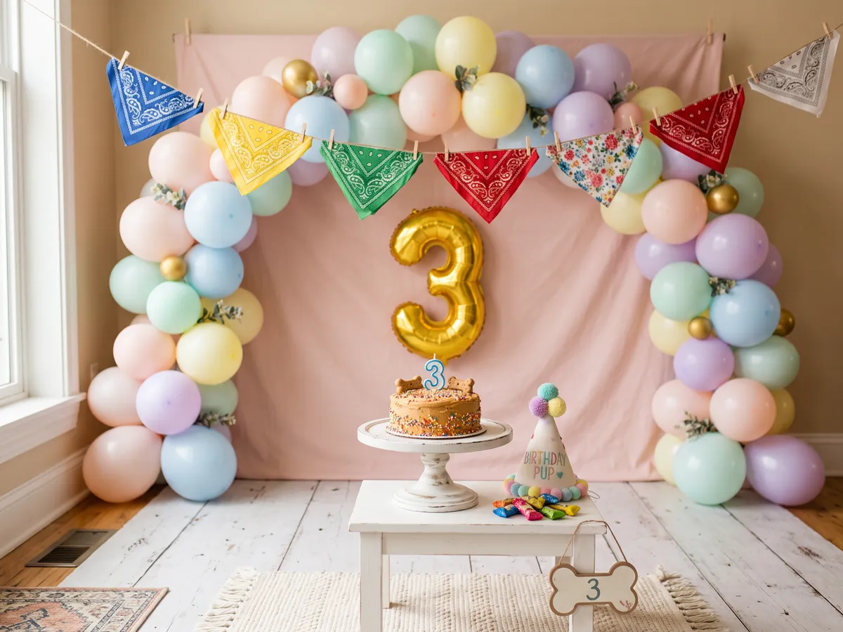 DIY dog birthday photo backdrop with bandana bunting and balloons