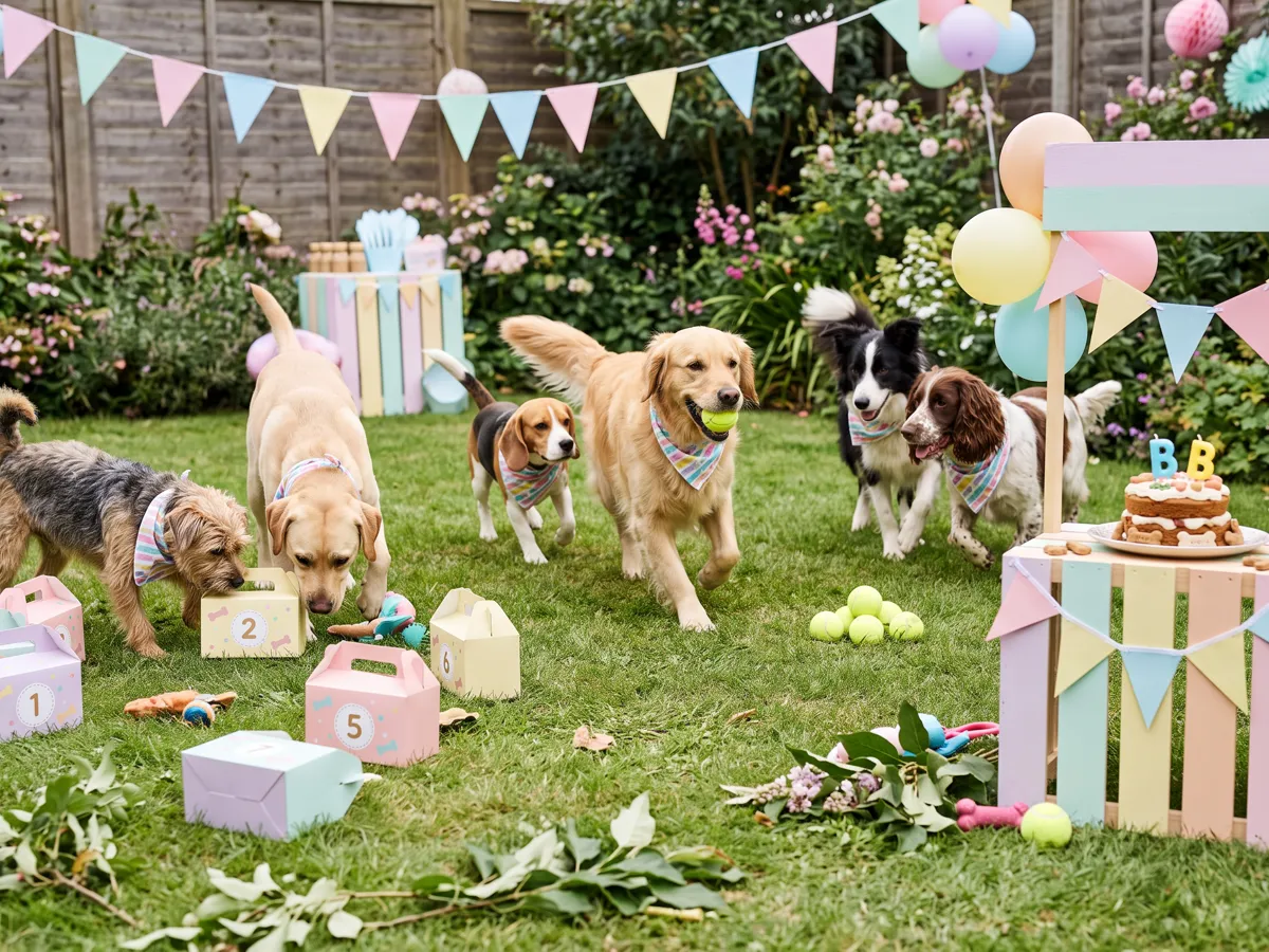 Dogs playing sniff hunt and fetch relay at birthday party with smash cake