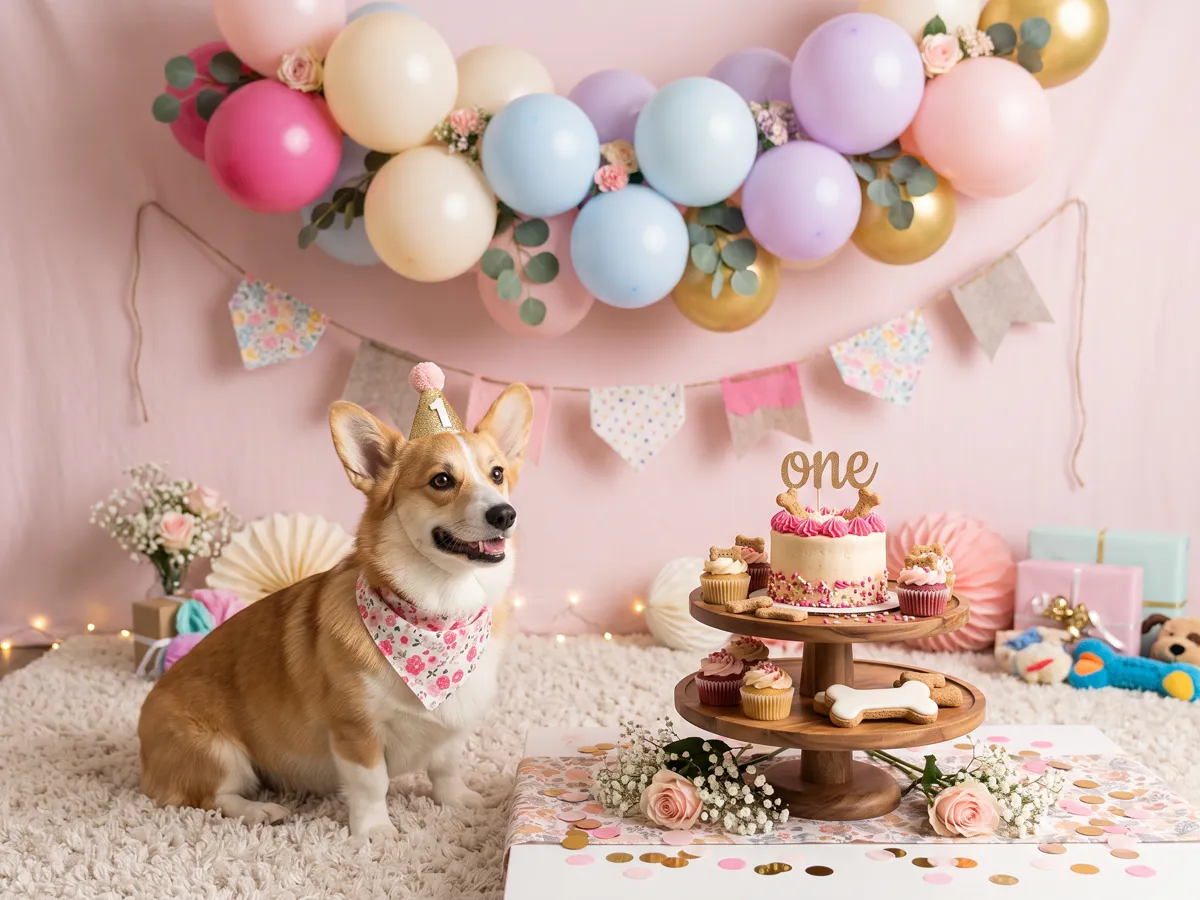 Corgi birthday party with pastel balloon garland and bandana bunting