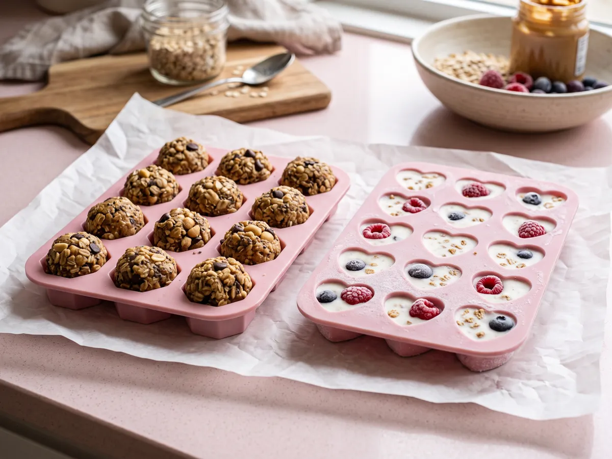 Peanut butter oat treat balls and frozen yogurt bites on parchment