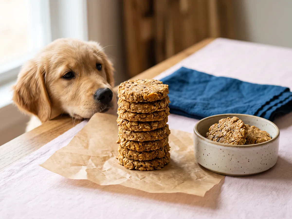 No-bake peanut butter pumpkin dog treats on parchment with golden retriever puppy nearby