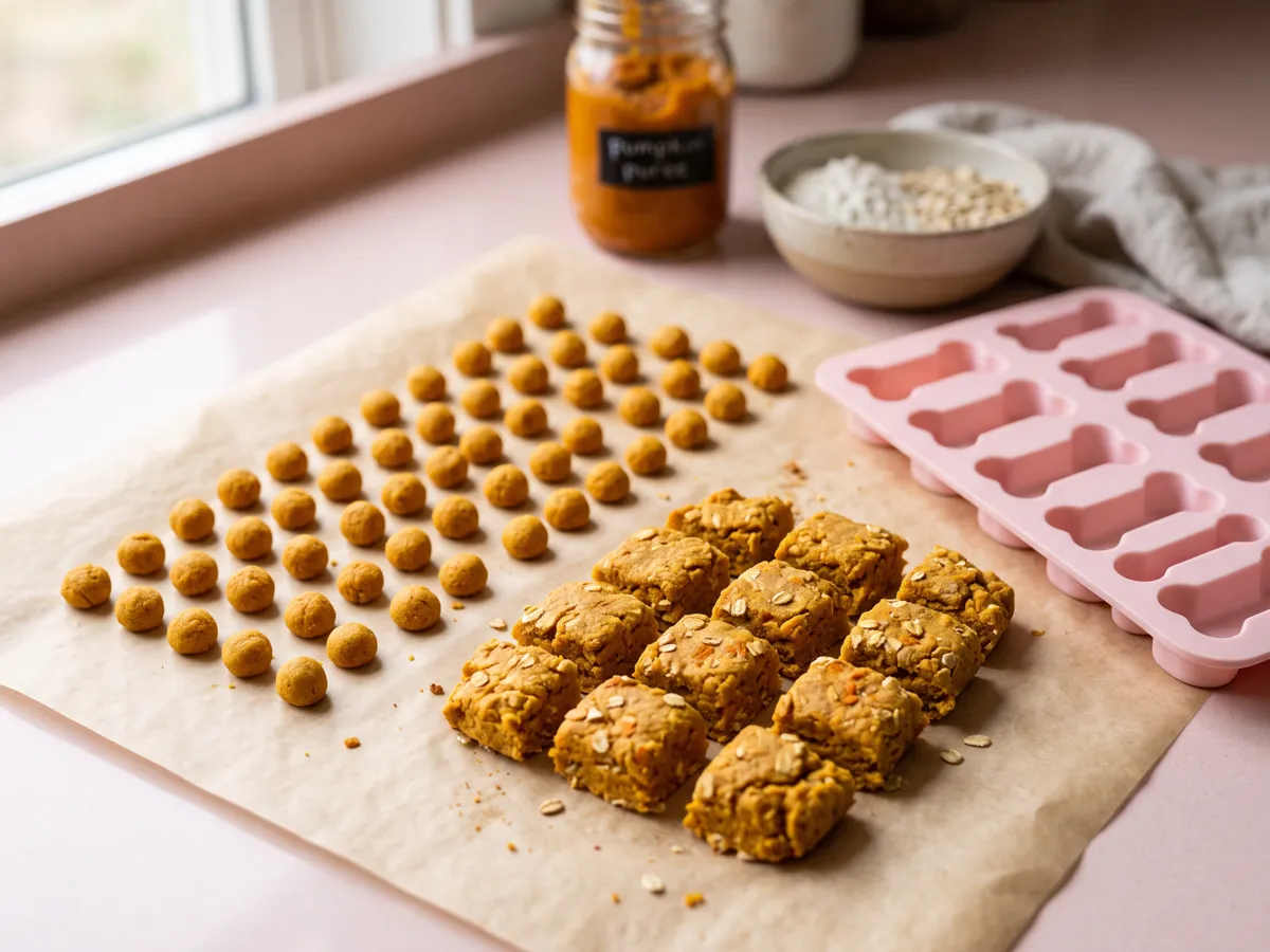 Pumpkin treat squares and tiny training bites beside silicone molds