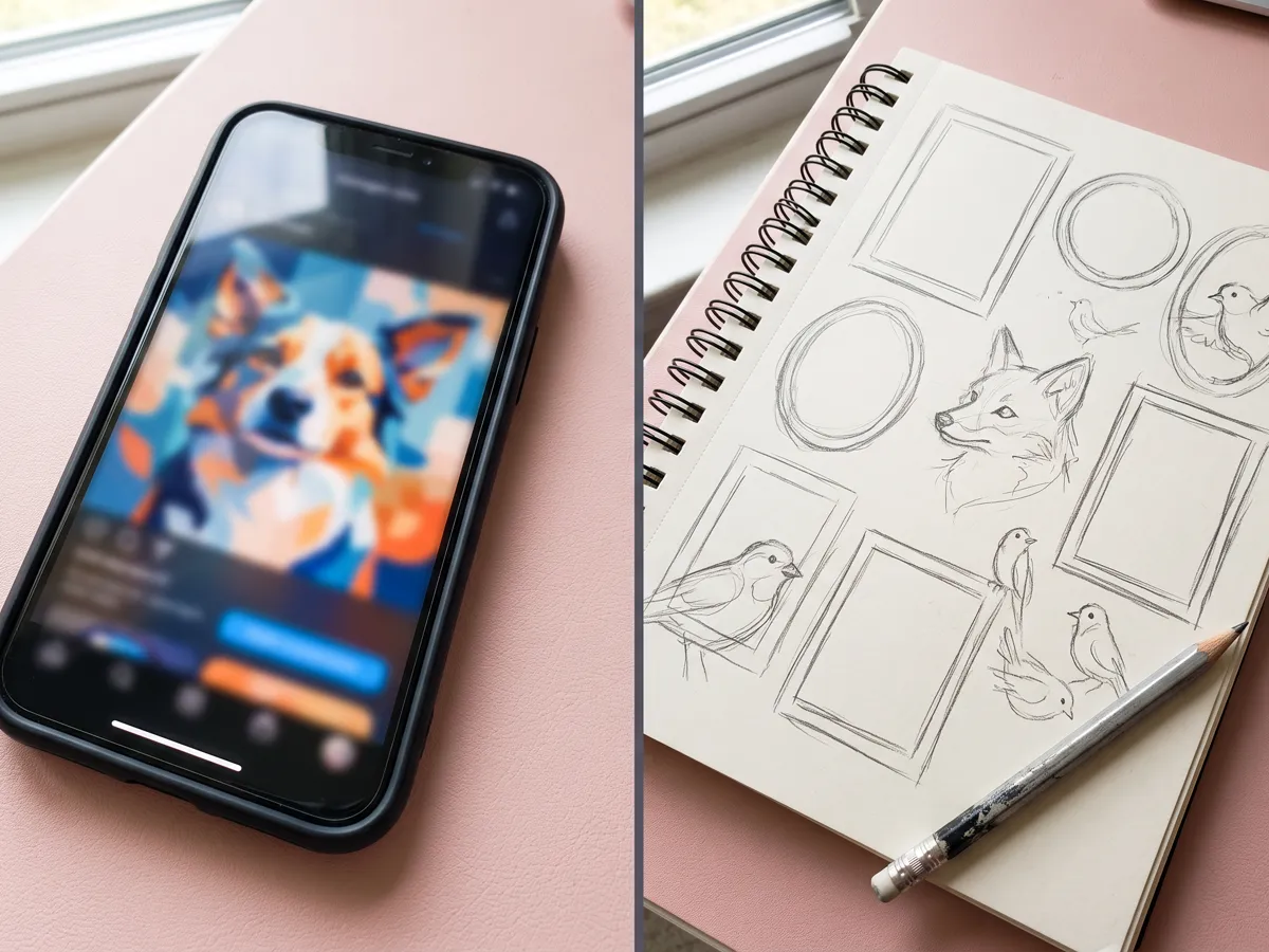 AI portrait workflow beside artist commission sketches and frames