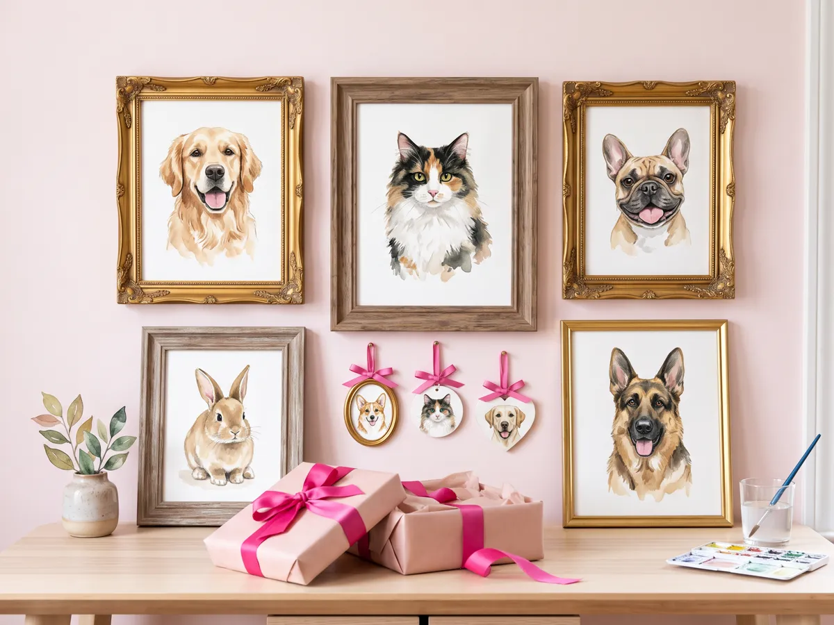 Framed pet portraits in desk gallery and ornament sizes