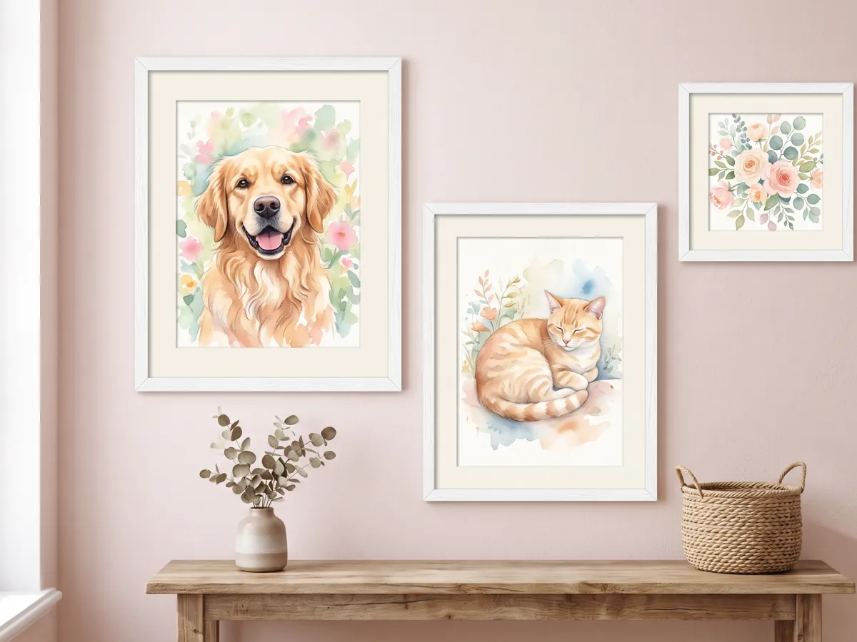 Custom watercolor pet portraits of golden and tabby in frames