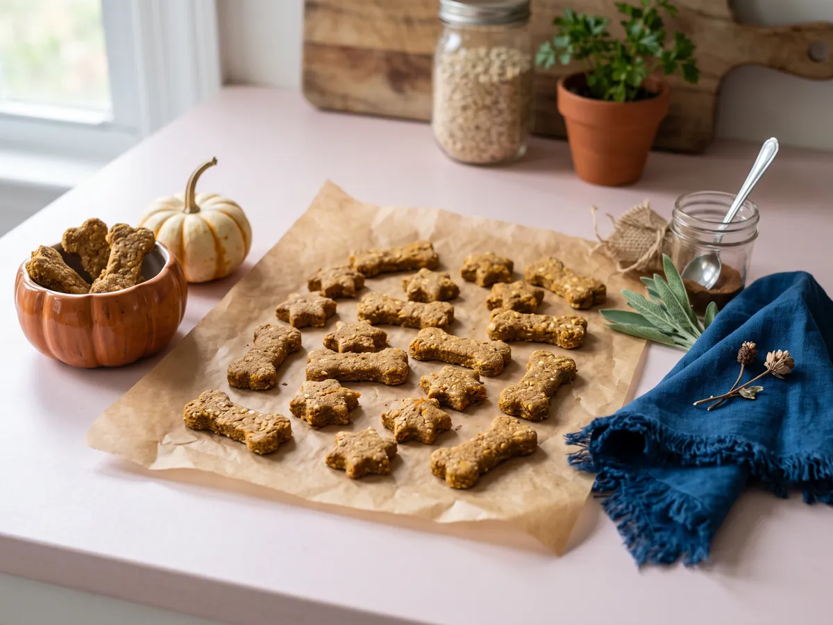 Healthy pumpkin dog treats for sensitive stomachs on parchment