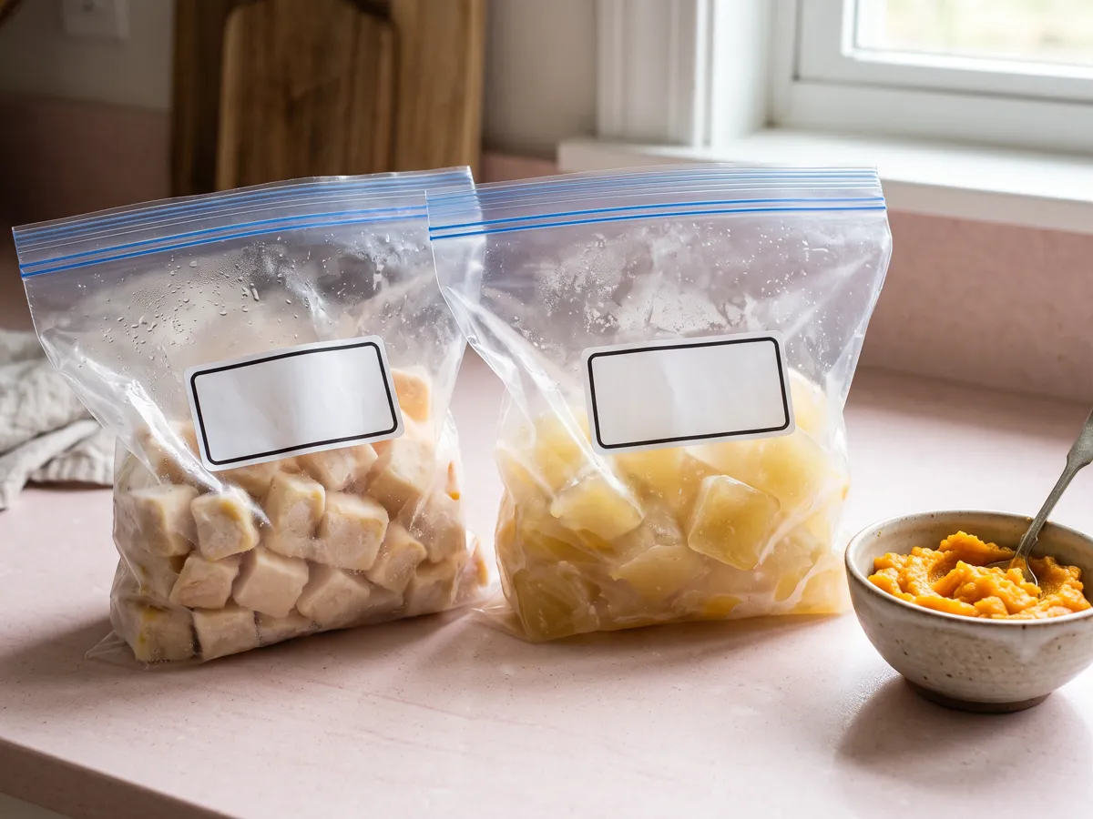 Bland pumpkin squares broth ice cubes and labeled freezer bags