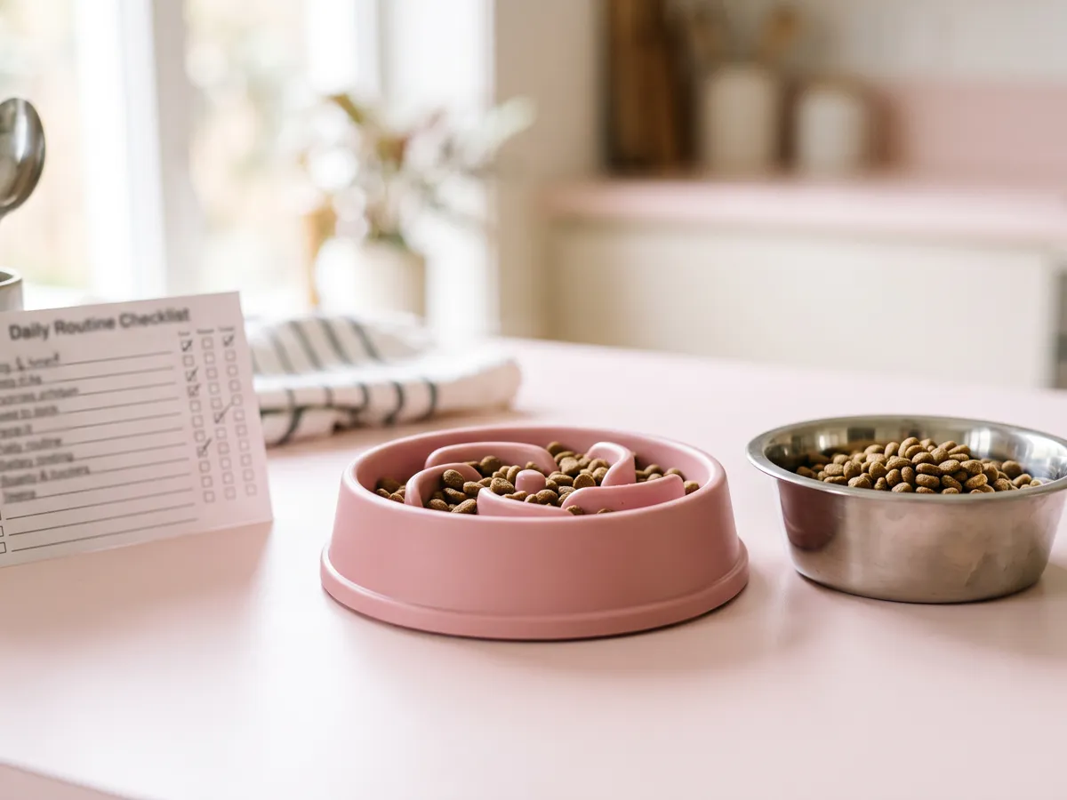 Slow feeder and stainless puppy bowls with daily routine checklist