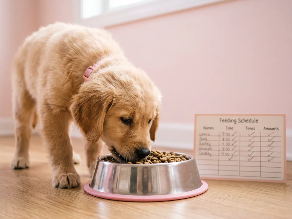 Golden puppy eating from bowl beside feeding schedule chart