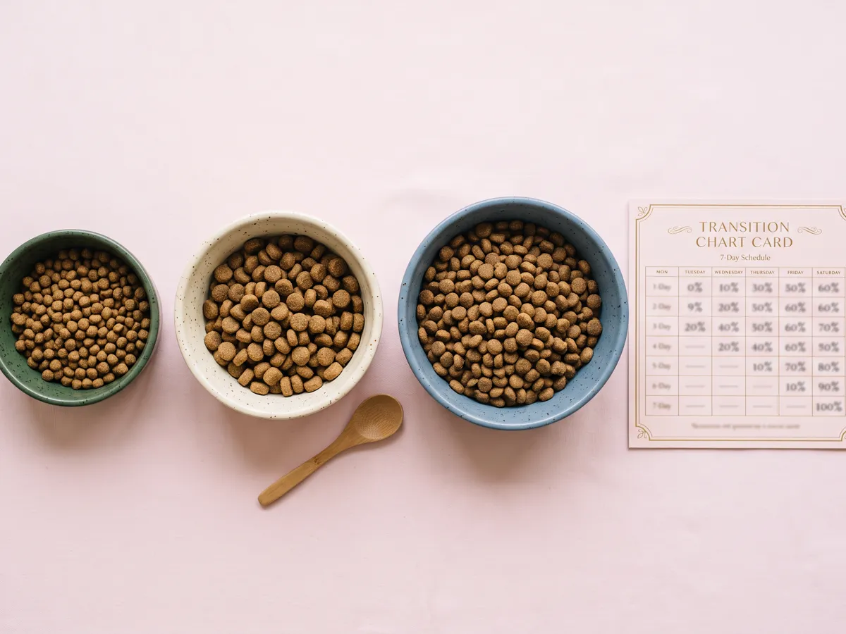 Puppy meal portions by age beside 7-day transition chart